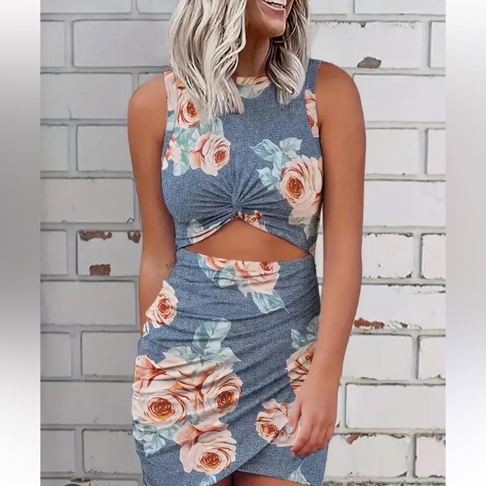 Sleeveless Blue Floral Midi Dress with Front Cutout
